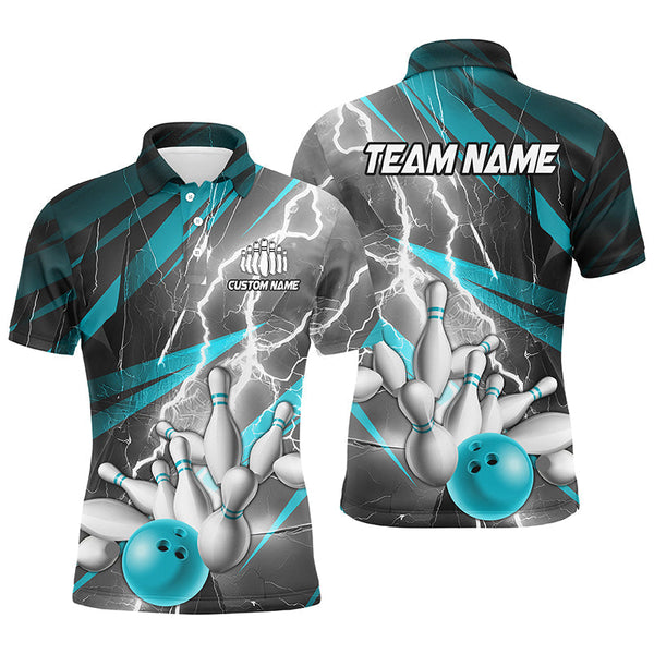 Bowling Blue Lightning Strike Personalized Men Women Polo Shirt Custom Bowling Team Jersey