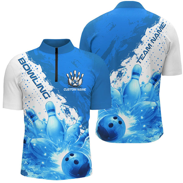 Bowling Blue Flame Strike Personalized Men Women Polo Shirt Custom Bowling Team Jersey