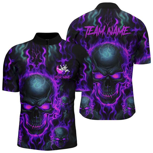 Bowling Purple Flame Skull Personalized Men Women Polo Shirt Custom Bowling Team Jersey