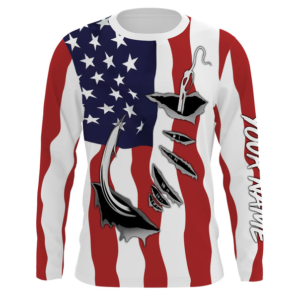 Fishing Fish Hook American Flag Personalized Men Women Long Sleeve Shirt Custom Fishing Apparel
