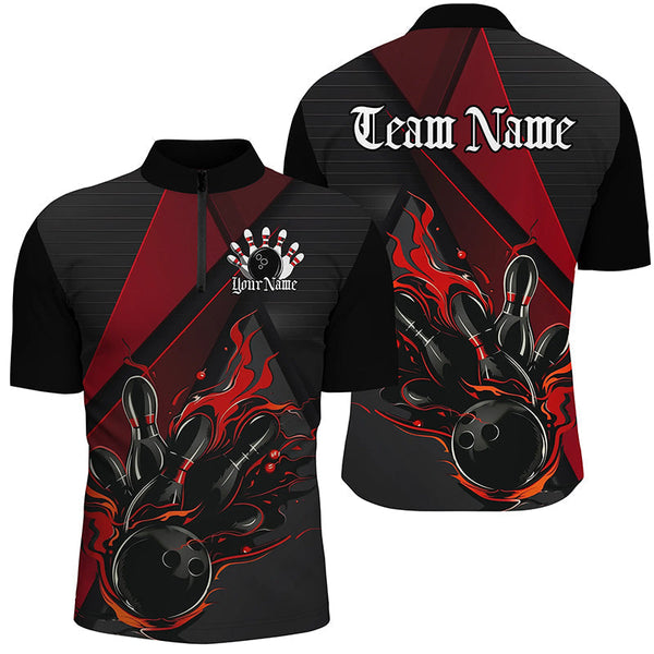 Bowling Black And Red Flame Personalized Men Women Polo Shirt Custom Bowling Team Jersey