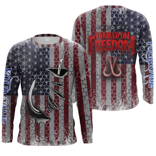 Fishing American Flag Fish Hook Patriotic Personalized Men Women Long Sleeve Shirt Custom Fishing Apparel