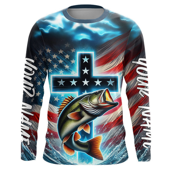 Faith Largemouth Bass Fishing Patriotic Personalized Men Women Long Sleeve Shirt Team Jersey Custom Fishing Apparel