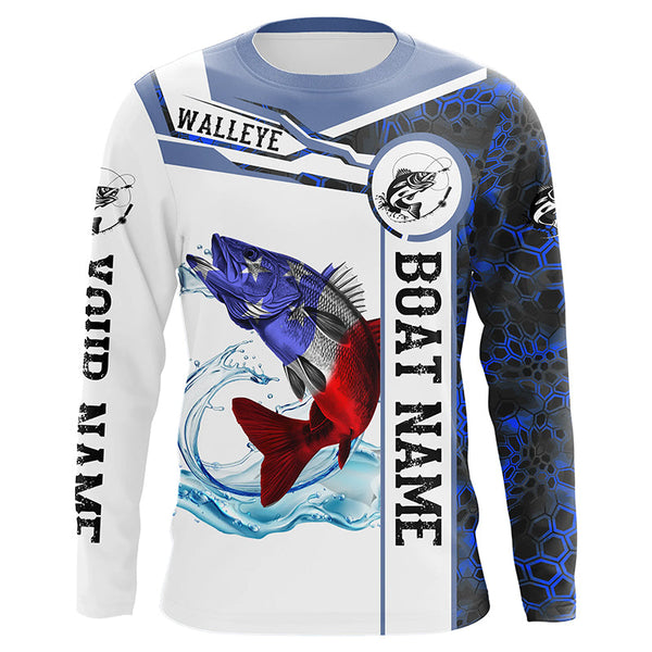 Walleye Fishing American Flag Personalized Men Women Long Sleeve Shirt Custom Fishing Apparel