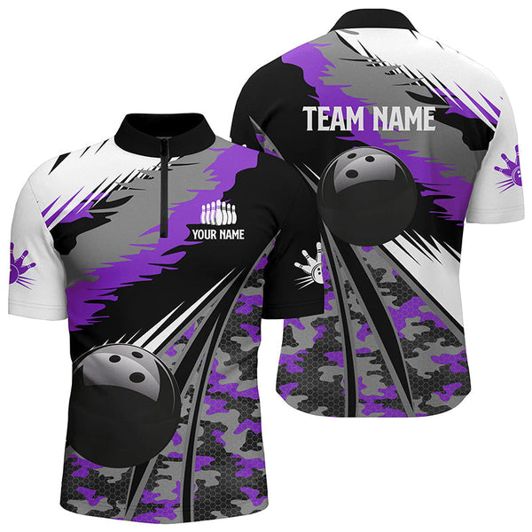 Bowling Black Ball Purple Camo Personalized Men Women Polo Shirt Custom Bowling Team Jersey
