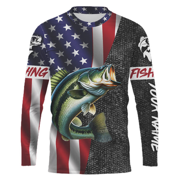 Bass Fishing American Flag Personalized Men Women Long Sleeve Shirt Team Jersey Custom Fishing Apparel