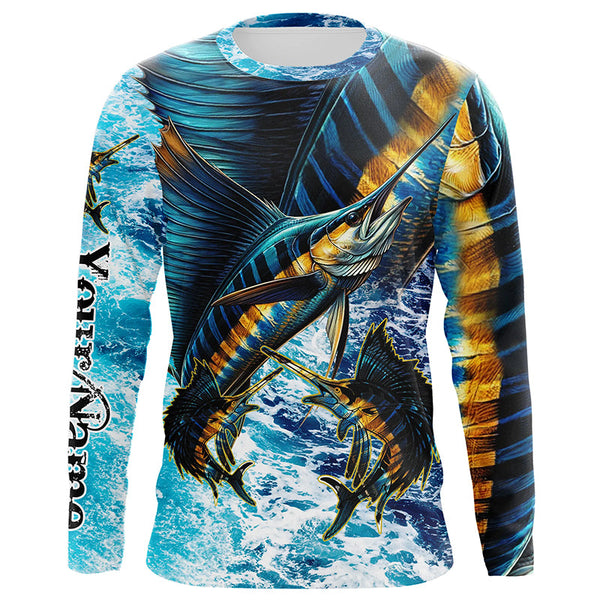 Fishing Sailfish Scales Blue Sea Personalized Men Women Long Sleeve Shirt Custom Fishing Apparel