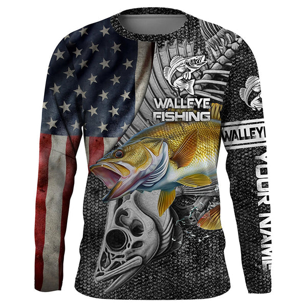 Walleye Fishing American Flag Personalized Men Women Long Sleeve Shirt Custom Fishing Apparel