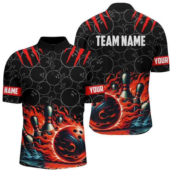 Bowling Black Red Flame Personalized Men Women Polo Shirt Custom Bowling Team Jersey