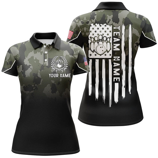 Personalized Bowling Black Green Camo American Flag Patriotic Women Performance Polo Shirt Custom Name Bowling Team Jersey