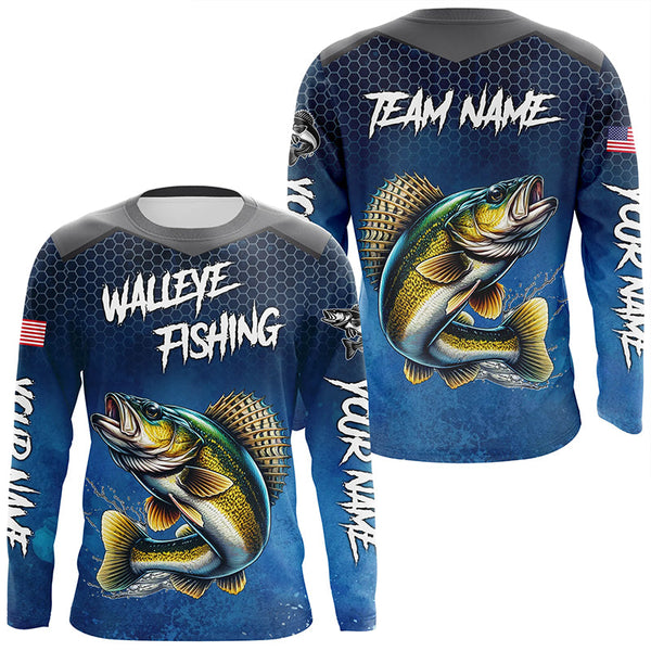 Blue Camo Walleye Fishing Personalized Men Women Long Sleeve Shirt Custom Fishing Apparel