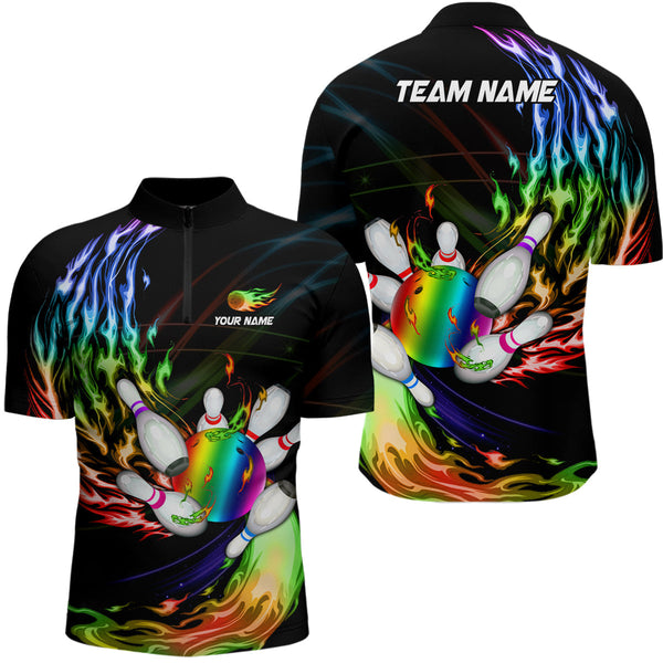 Bowling Rainbow Flame Personalized Men Women Polo Shirt Custom Bowling Team Jersey
