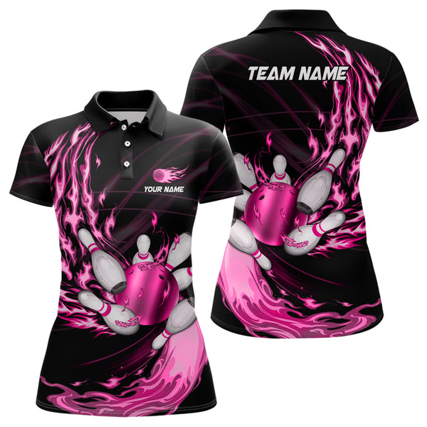 Personalized Bowling Flame Women Performance Polo Shirt Custom Name Bowling Team Jersey