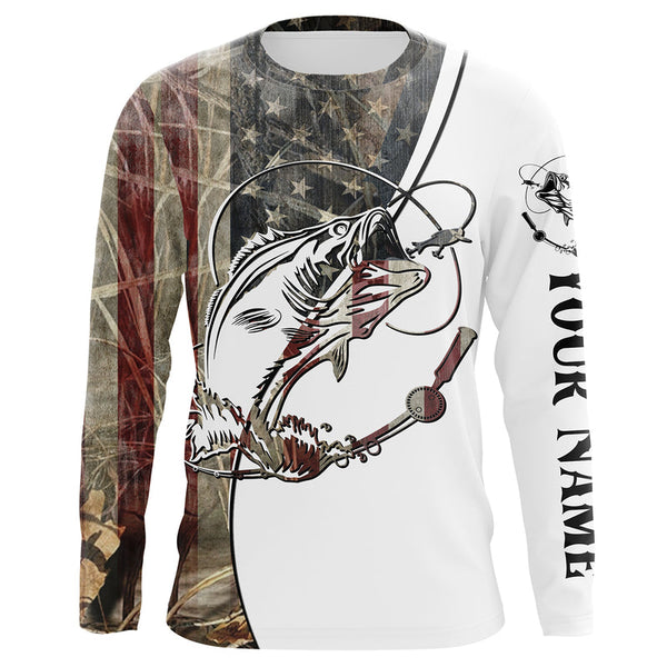 Largemouth Bass Fishing USA Flag Camo Personalized Men Women Long Sleeve Shirt Team Jersey Custom Fishing Apparel