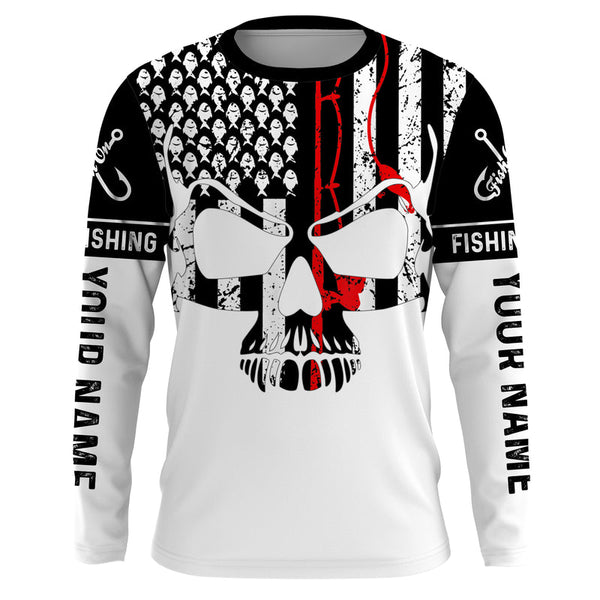 Vintage Fishing American Flag Skull Personalized Men Women Long Sleeve Shirt Custom Fishing Apparel