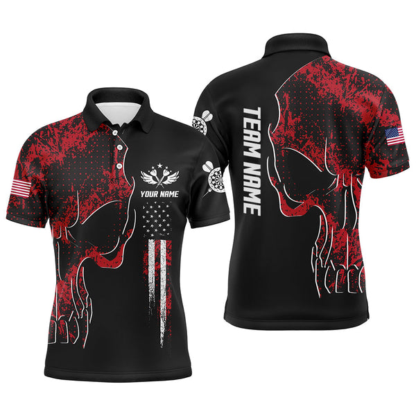 Dart Red Grunge Camo American Flag Skull Personalized Men Women Polo Shirt Custom Darts Team Jersey