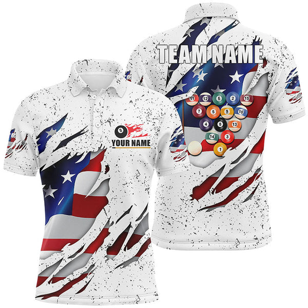 Billiards Balls US Flag White Grunge Personalized Men Women Polo Shirt Custom Billiard Team Jersey
