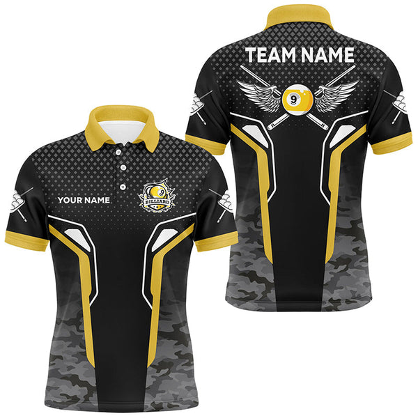 Billiards Yellow Black 9 Ball Pool Wings Camo Personalized Men Women Polo Shirt Custom Billiard Team Jersey