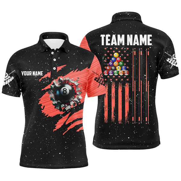 Billiards Grunge American Flag 8 Ball Personalized Men Women Polo Shirt Custom Billiard Team Jersey