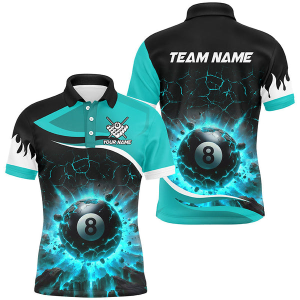 Billiards Turquoise 8 Ball Pool Crack Flame Personalized Men Women Polo Shirt Custom Billiard Team Jersey