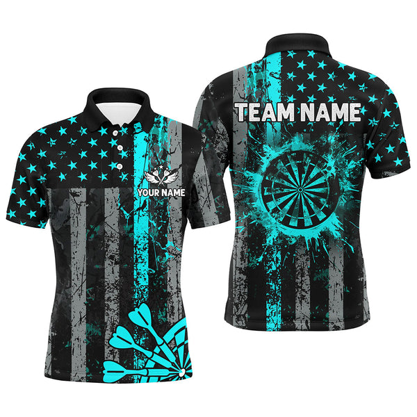 Dart Turquoise Grunge Us Flag Patriotic Personalized Men Women Polo Shirt Custom Darts Team Jersey
