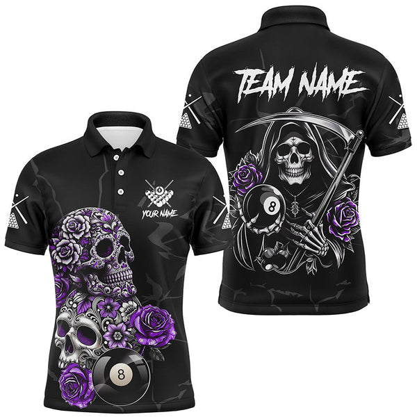 Billiards Purple Funny Skull Roses 8 Ball Personalized Men Women Polo Shirt Custom Billiard Team Jersey