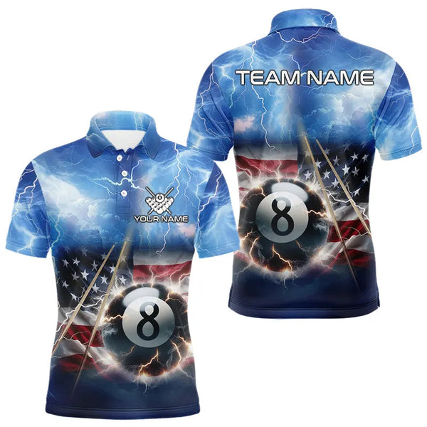 Billiards American Flag Thunder Lightning 8 Ball Pool Personalized Men Women Polo Shirt Custom Billiard Team Jersey