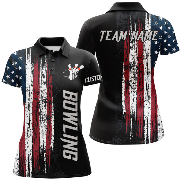 Personalized Bowling American Flag Women Performance Polo Shirt Custom Name Bowling Team Jersey