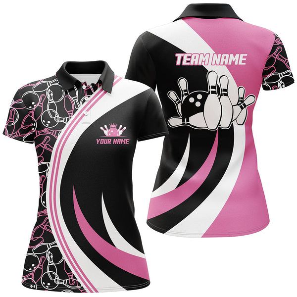Personalized Bowling Seamless Pattern Women Performance Polo Shirt Custom Name Bowling Team Jersey