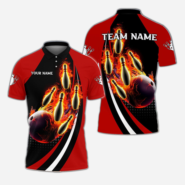 Bowling And Pins Flame Personalized Men Women Polo Shirt Custom Bowling Team Jersey