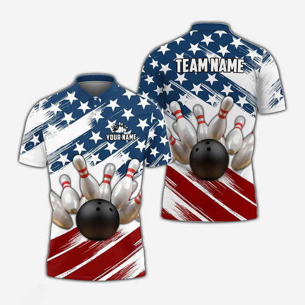 Personalized Bowling US Flag Patriotic Men Women Polo Shirt Custom Name Bowling Team Jersey
