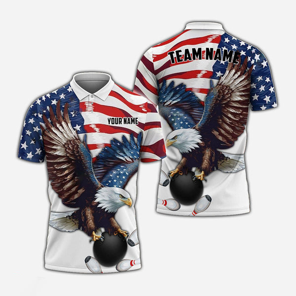 Personalized Bowling US Patriotic Eagle Men Women Polo Shirt Custom Name Bowling Team Jersey