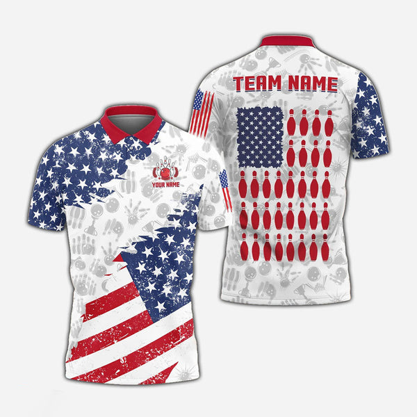 Personalized Bowling US Flag Patriotic Men Women Polo Shirt Custom Name Bowling Team Jersey