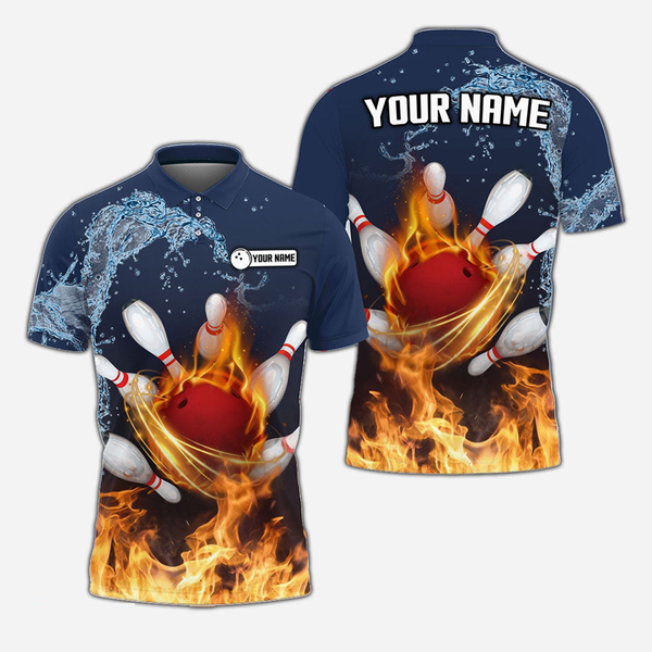 Bowling And Pins Water & Fire Personalized Men Women Polo Shirt Custom Bowling Team Jersey