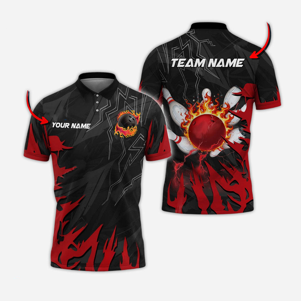 Bowling And Pins Flame Personalized Men Women Polo Shirt Custom Bowling Team Jersey