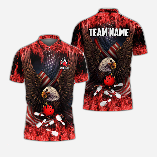 Bowling And Pins Eagle US Patriot Personalized Men Women Polo Shirt Custom Bowling Team Jersey