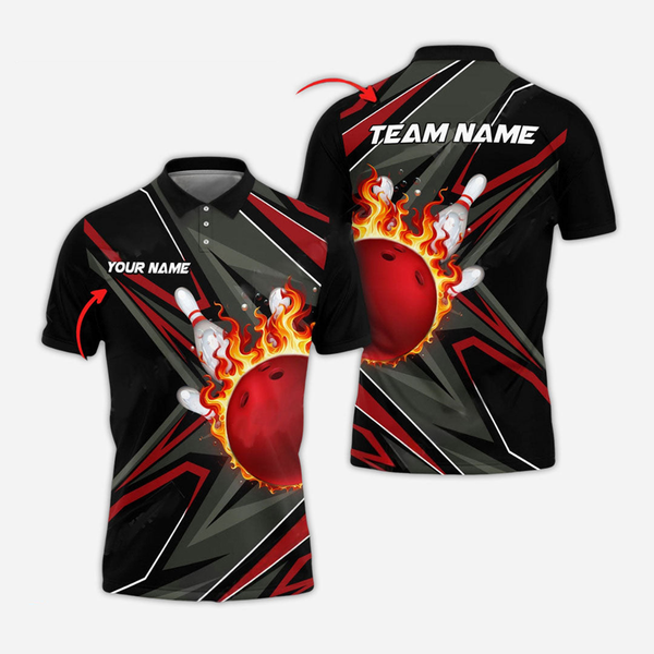 Bowling And Pins Flame Personalized Men Women Polo Shirt Custom Bowling Team Jersey