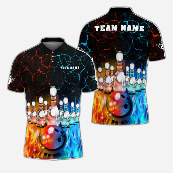 Bowling And Pins Water & Fire Personalized Men Women Polo Shirt Custom Bowling Team Jersey