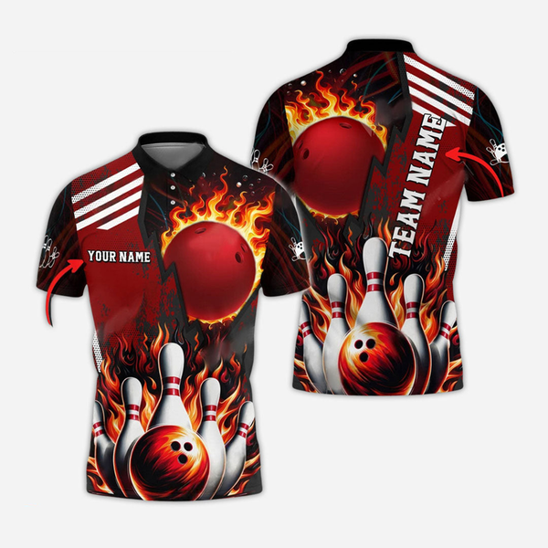 Bowling And Pins Flame Personalized Men Women Polo Shirt Custom Bowling Team Jersey