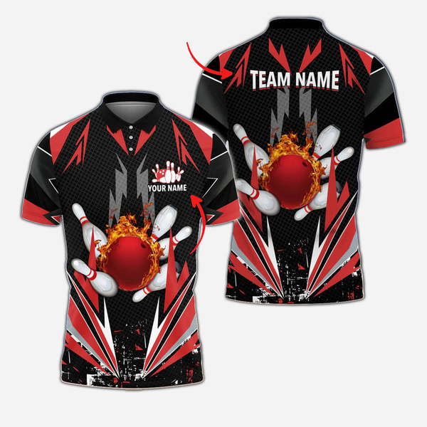 Bowling And Pins Flame Personalized Men Women Polo Shirt Custom Bowling Team Jersey