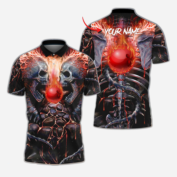 Bowling And Pins Skull Flame Personalized Men Women Polo Shirt Custom Bowling Team Jersey