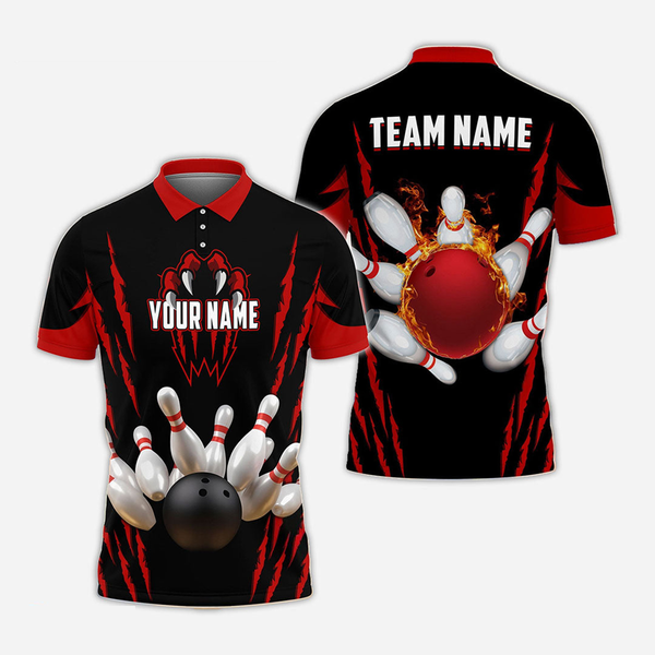 Bowling And Pins Flame Personalized Men Women Polo Shirt Custom Bowling Team Jersey