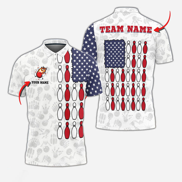 Personalized Bowling US Flag Patriotic Men Women Polo Shirt Custom Name Bowling Team Jersey