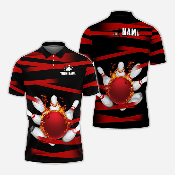 Bowling And Pins Flame Personalized Men Women Polo Shirt Custom Bowling Team Jersey