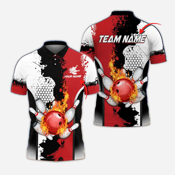 Bowling And Pins Flame Personalized Men Women Polo Shirt Custom Bowling Team Jersey