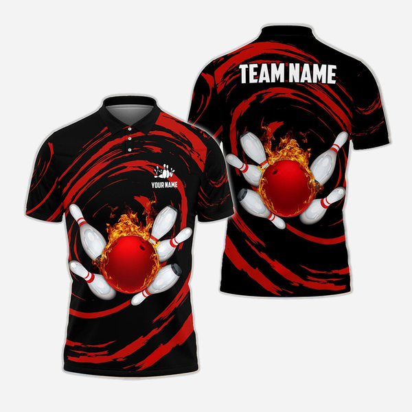 Bowling And Pins Flame Personalized Men Women Polo Shirt Custom Bowling Team Jersey