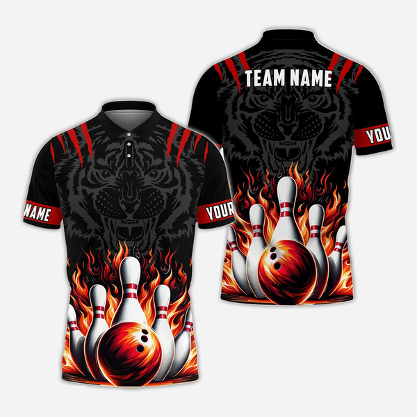 Bowling And Pins Tiger Flame Personalized Men Women Polo Shirt Custom Bowling Team Jersey