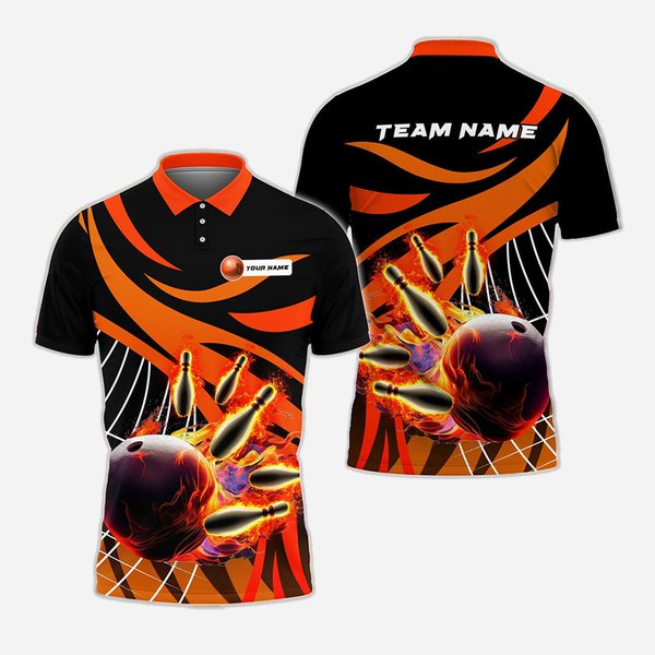 Bowling And Pins Flame Personalized Men Women Polo Shirt Custom Bowling Team Jersey