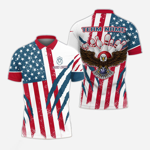 Personalized Bowling US Patriotic Eagle Men Women Polo Shirt Custom Name Bowling Team Jersey