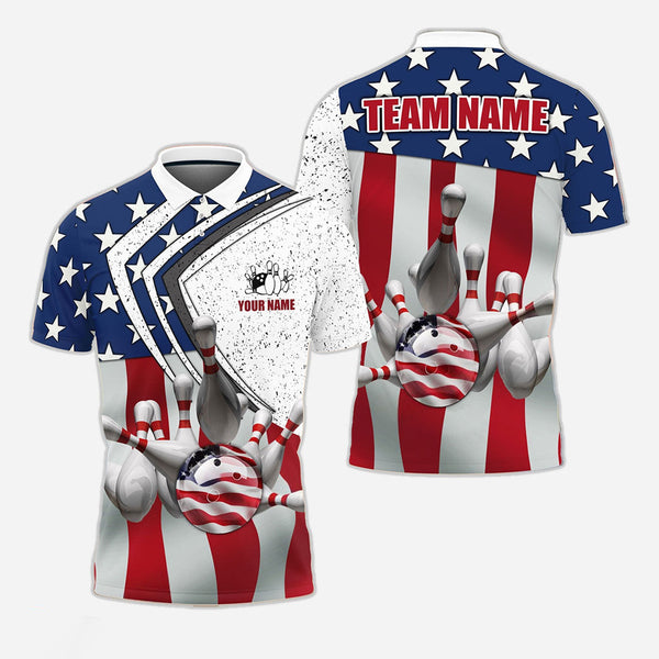 Personalized Bowling US Flag Patriotic Men Women Polo Shirt Custom Name Bowling Team Jersey